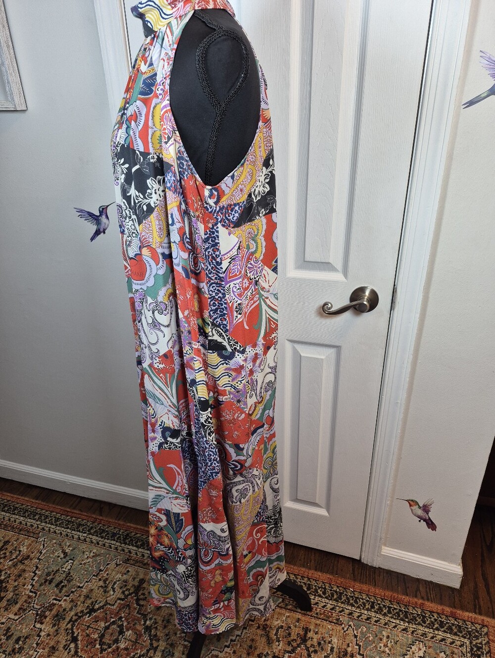Anthropologie 100% Silk Patchwork Halter Maxi Dress XL Boho Whimsigoth Vibrant - Picture 4 of 8